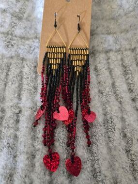 Red Holographic Hearts, Beaded Fringe Earrings